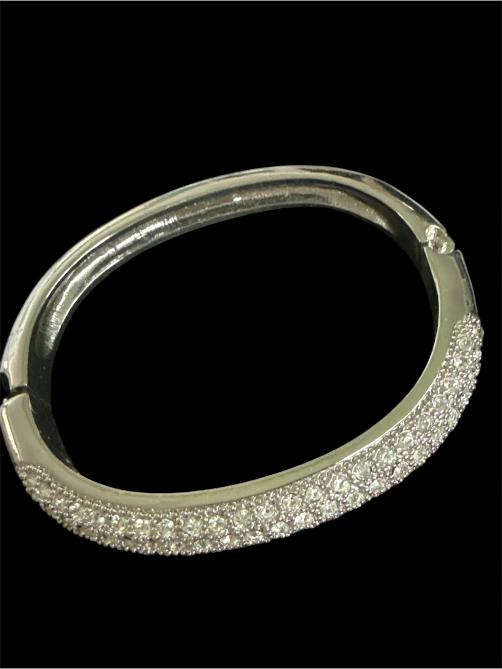 Silver Tone Pave Crystal Rhinestone Hinged Bangle Bracelet